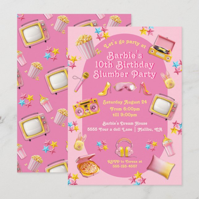 Pink Doll Toys Sleepover Geburtstagsparty Einladung (Vorne/Hinten)
