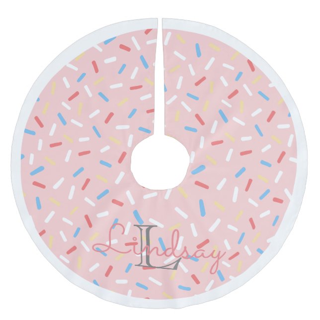Pink Donut Sprinkles Girls Weihnachten mit Monogra Polyester Weihnachtsbaumdecke (Vorderseite)
