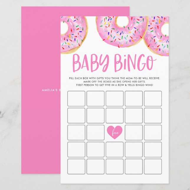 Pink Donuts Baby Shooter Bingo Game Card (Vorne/Hinten)