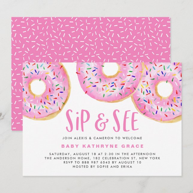 Pink Donuts Sprinkles Baby Duschsippe und sehen Si Einladung (Vorne/Hinten)