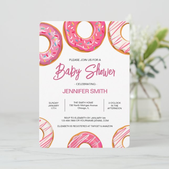 Pink Donuts Sprinkles Girl Baby Dusche Einladung (Stehend Vorderseite)