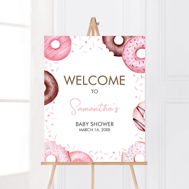 Pink Donuts und Diapers Babydusche Empfang Poster (Pink Sweet Sprinkle Baby Shower Welcome Sign)
