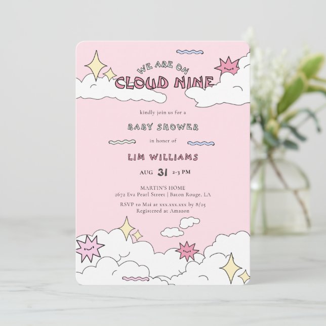 Pink Doodle Cloud Nine Baby Dusche Einladung (Stehend Vorderseite)