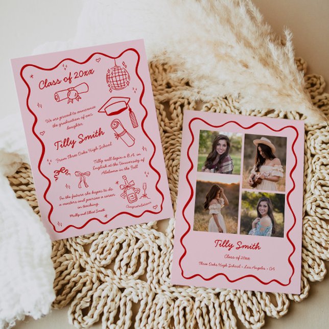 Pink Doodle Graduation Faire-part Girl 4 Photos (Créateur téléchargé)