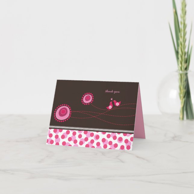 Pink Dot Blume & Happy Birds Muster Vielen Dank Dankeskarte (Vorderseite)