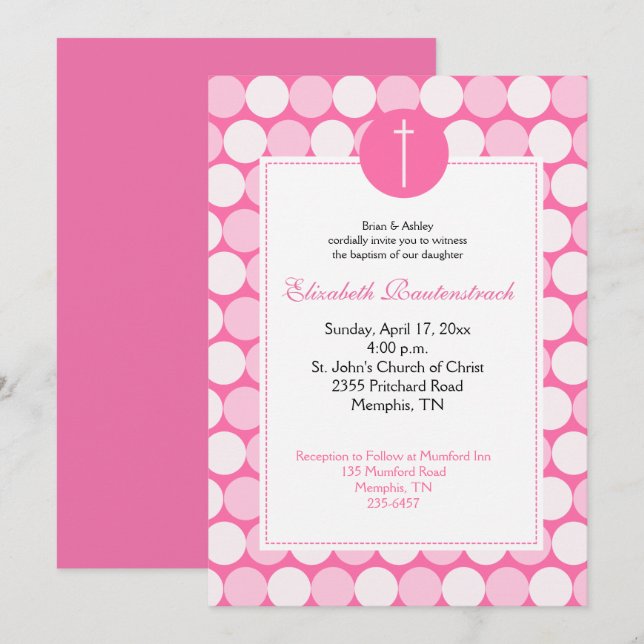 Pink Dot Photo moderne Baptême Invitation (Devant / Derrière)
