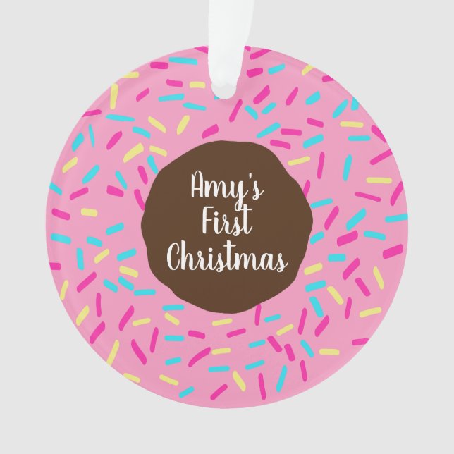 Pink Doughnut Baby's First Christmas Custom Foto Ornament (Vorderseite)