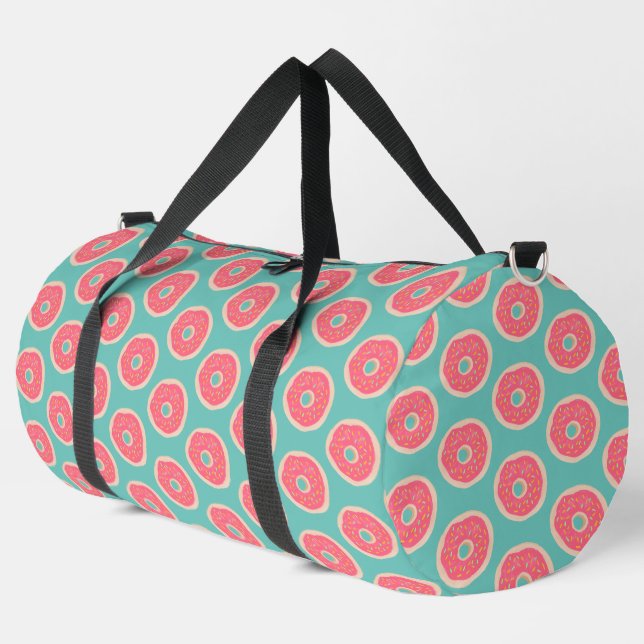 Pink Doughnut with Sprinkles Pattern on Aqua Blue Duffle Bag (Linke Ecke)