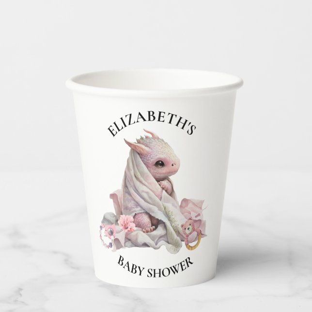 Pink Dragon Watercolor Kinderdusche Pappbecher (Vorderseite)