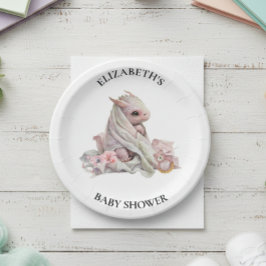 Pink Dragon Watercolor Kinderdusche Pappteller