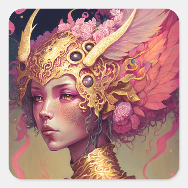 Pink Dragon Woman Fantasy Art Quadratischer Aufkleber (Vorderseite)