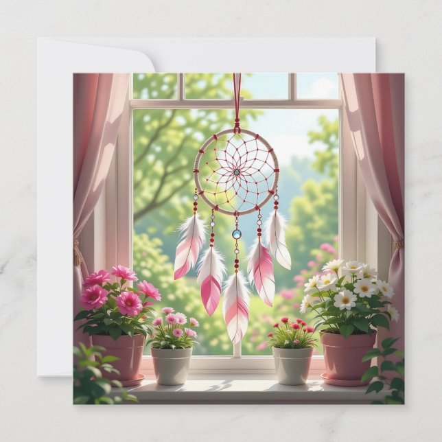 Pink Dreamcatcher and Plants Window  Feiertagskarte (Vorderseite)
