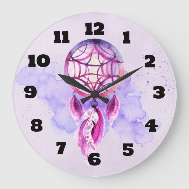 Pink Dreamcatcher On Purple Watercolor Splatter Große Wanduhr (Vorderseite)