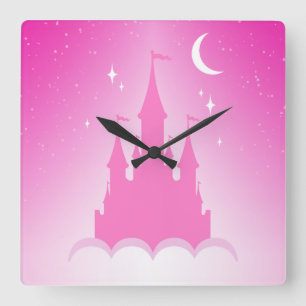 Pink Dreamy Castle In The Clouds Starry Moon Sky Quadratische Wanduhr