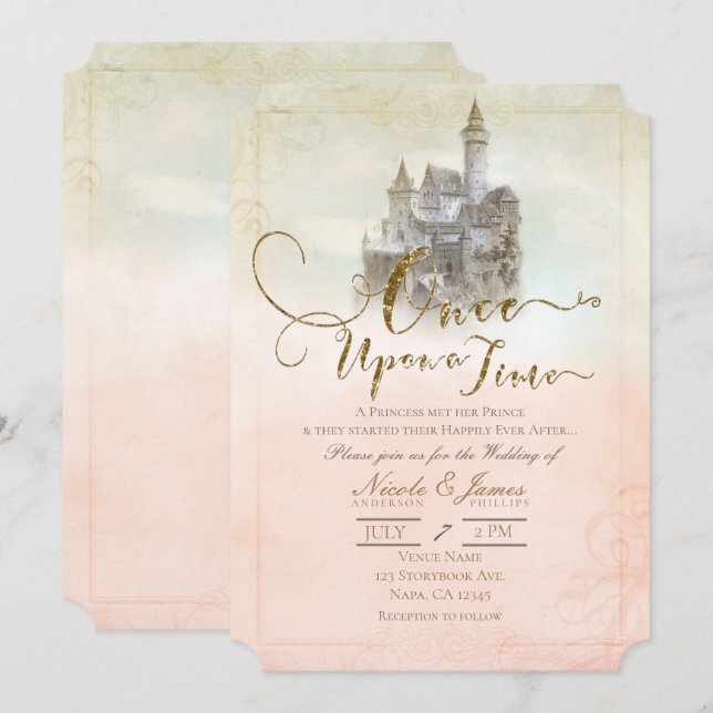 Pink Dreamy Fairy Tale Storybook Burg Hochzeit Einladung (Vorne/Hinten)