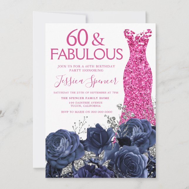 Pink Dress 60th Birthday Party Navy Floral Einladung (Vorderseite)