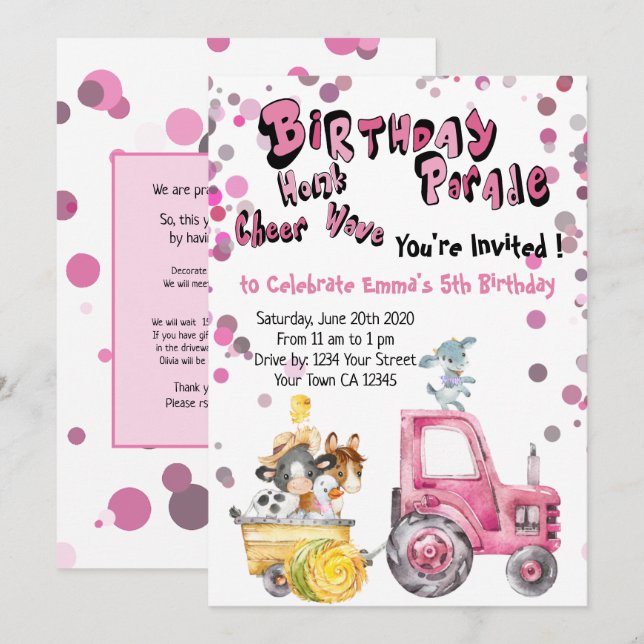 Pink Drive by Birthday Landtiere Einladung (Vorne/Hinten)