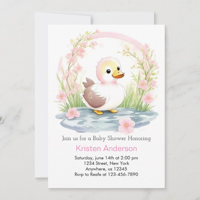 Pink Duck Watercolor Girl Babydusche Einladung (Vorderseite)