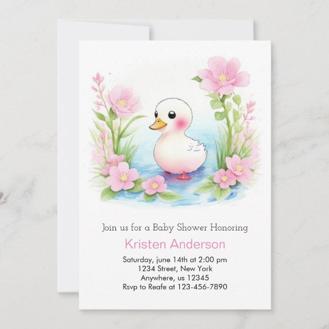 Pink Duckling Whimsy Girl Babydusche Einladung (Vorderseite)
