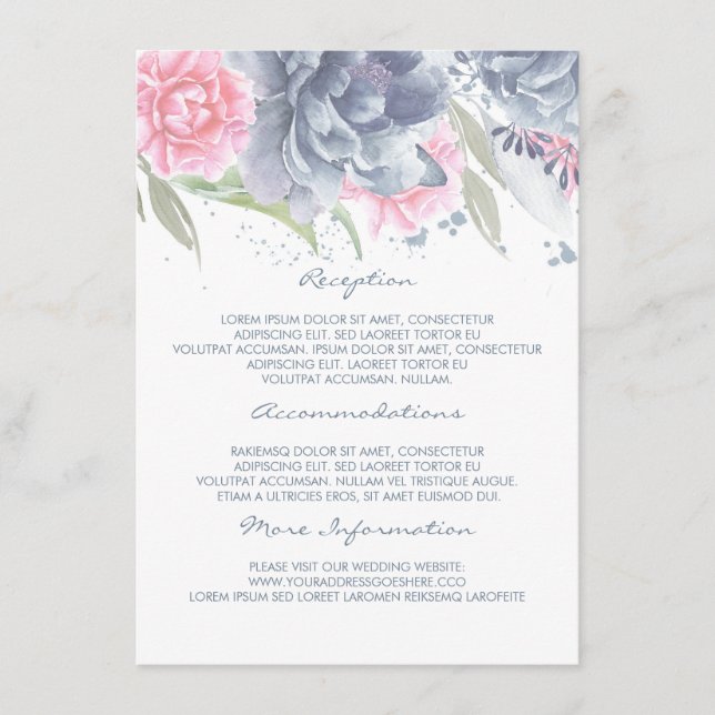 Pink + Dusty Blue Floral Wedding Information Guest Begleitkarte (Vorderseite)