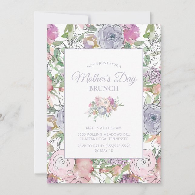 Pink Dusty Blue Hand Sketched Floral Mother Day Einladung (Vorderseite)