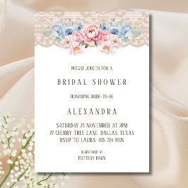Pink Dusty Blue Romantic Floral Lace Brautparty Einladung