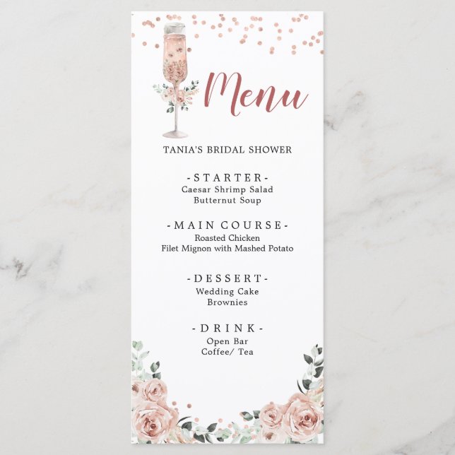 Pink Dusty Rose Petals und Prosecco Brautparty Menükarte (Vorderseite)