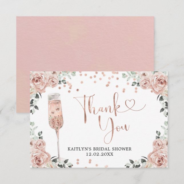 Pink Dusty Rose Petals und Prosecco Danke Karte (Vorne/Hinten)