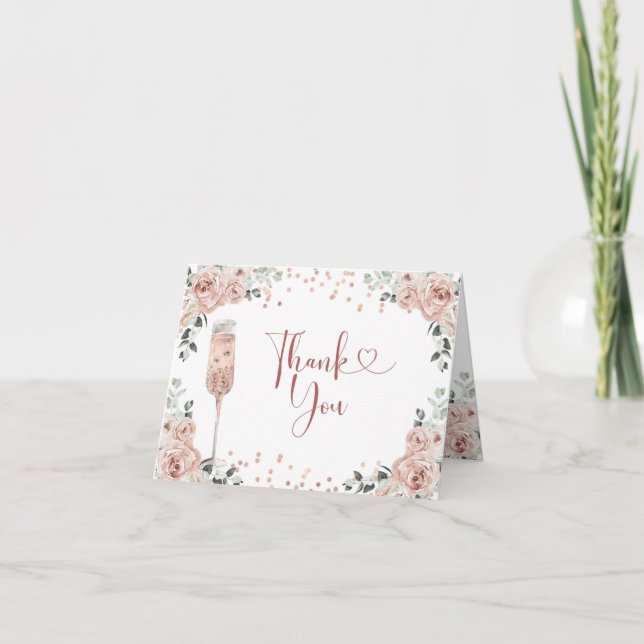 Pink Dusty Rose Petals und Prosecco Faltkarte Dankeskarte (Vorderseite)