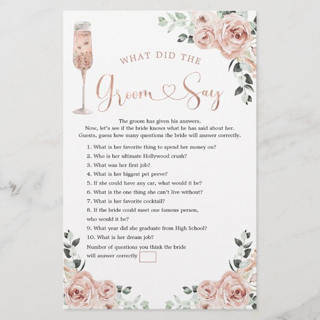 Pink Dusty Rose Petals und Prosecco Groom Say Game (Vorderseite)