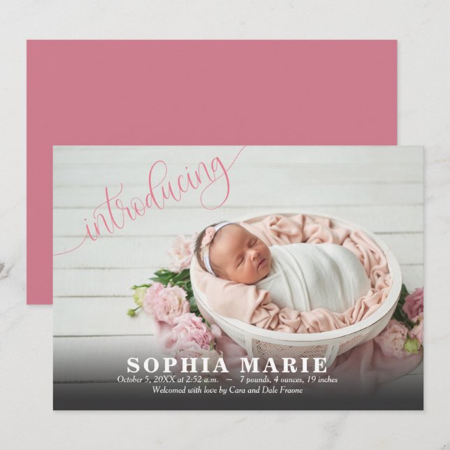 Pink Einführung Baby Foto Geburtshinweise (Vorne/Hinten)