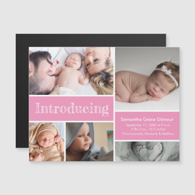 Pink Einführung Baby Girl Foto Collage Magneteinladung (Vorne/Hinten)