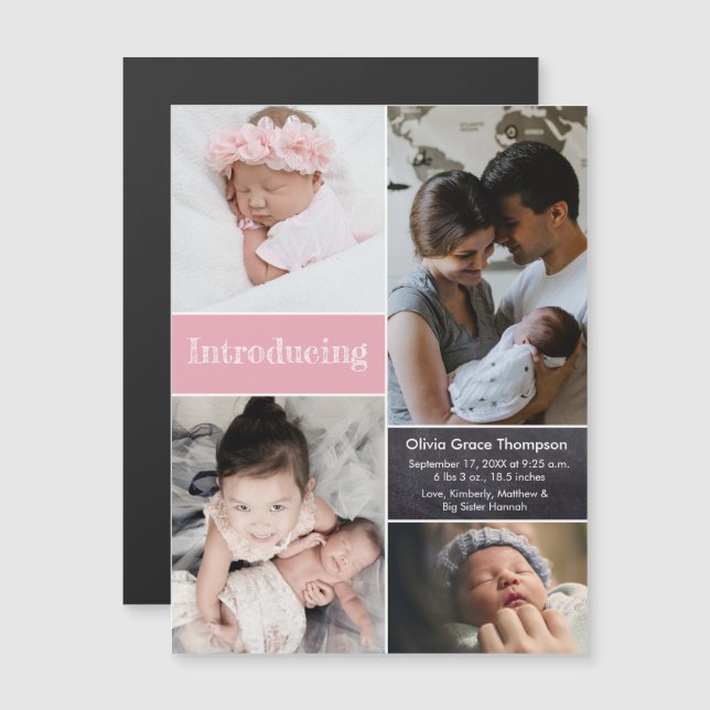 Pink Einführung in Foto Collage Baby Girl Geburt Magneteinladung (Vorne/Hinten)