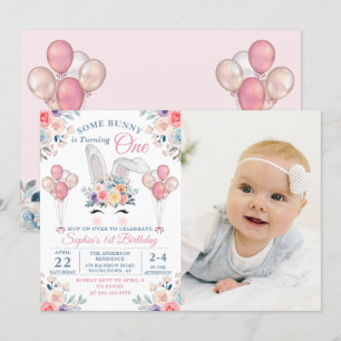 Pink Einige Bunny Floral Ballon 1. Geburtstag Foto Einladung