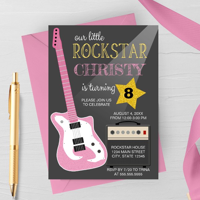 Pink Electric Guitar Rockstar Birthday Party Einladung (Von Creator hochgeladen)