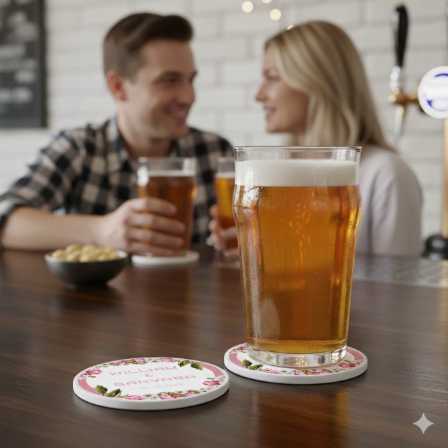 Pink Elegant Floral Stone Drink Coaster Steinuntersetzer (Pink Elegant Floral Hard Plastic Drink Coaster)