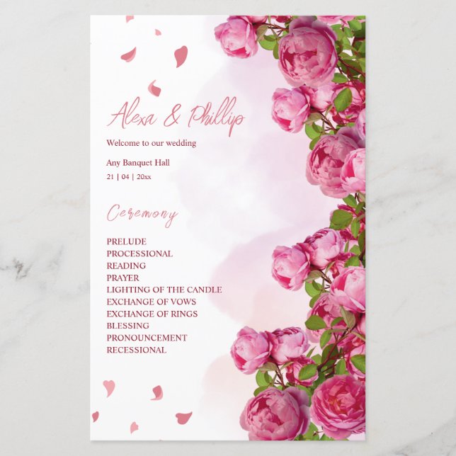 Pink Elegant Flowers Programmes de mariage (Devant)