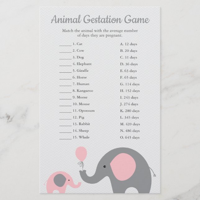 Pink Elephant Animal Gestation Match Shower Game (Vorderseite)