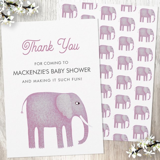 Pink Elephant Baby Dusche Danke Karte (Pink watercolor elephant baby shower thank you card)