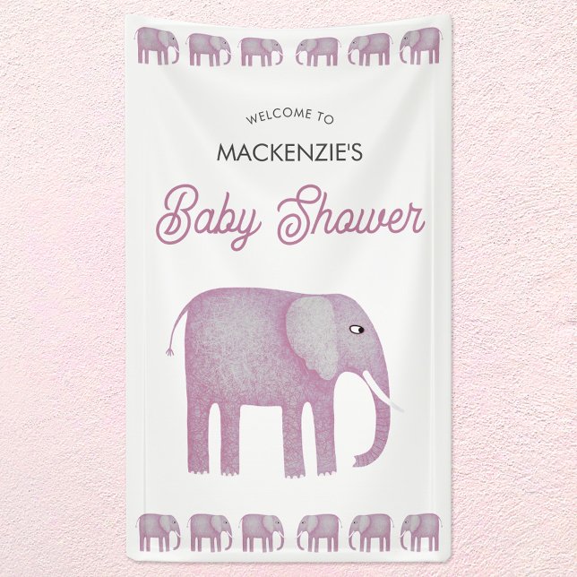 Pink Elephant Baby Dusche Empfang Banner (Pink watercolor elephant baby shower welcome banner)