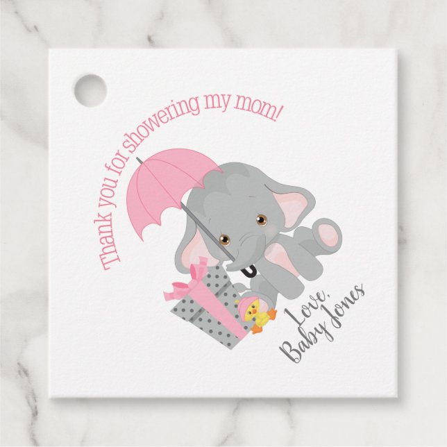 PINK Elephant Baby Dusche Gefallen Tag Geschenkanhänger (Vorderseite)