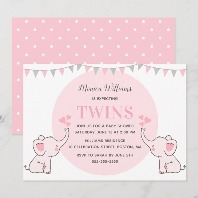 Pink Elephant Baby Dusche | Girl Twins Kinderdusch Einladung (Vorne/Hinten)