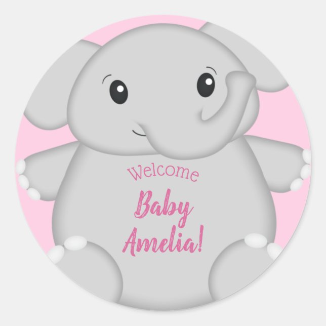 Pink Elephant Baby Dusche Runder Aufkleber (Vorderseite)