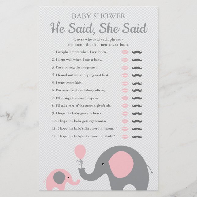 Pink Elephant Baby Dusche sagte er sagte, sie sagt (Vorderseite)