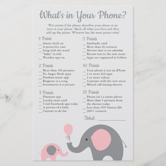 Pink Elephant Baby Dusche Was ist in Ihrem Telefon Flyer (Vorne)