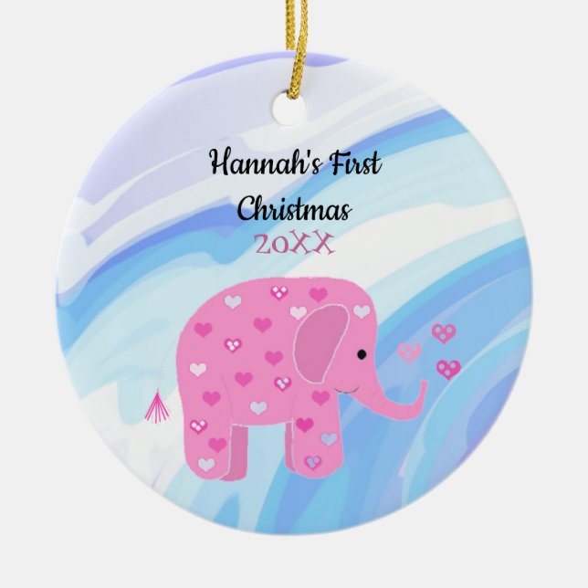 Pink Elephant Baby First Christmas Keramik Ornament (Vorne)