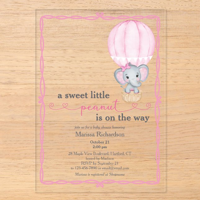 Pink Elephant Baby Girl Dusche Acryleinladungen (Vorderseite)