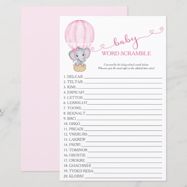 Pink Elephant Baby Girl Dusche Word Scramble Game (Vorne/Hinten)