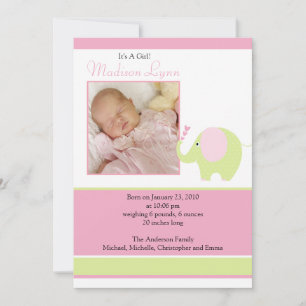 Pink Elephant Baby Girl Foto Announcement Card Ankündigung