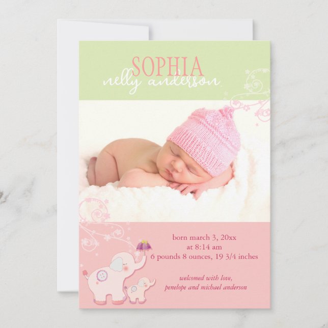 Pink Elephant Baby Girl Foto Birth Ankündigung (Vorderseite)